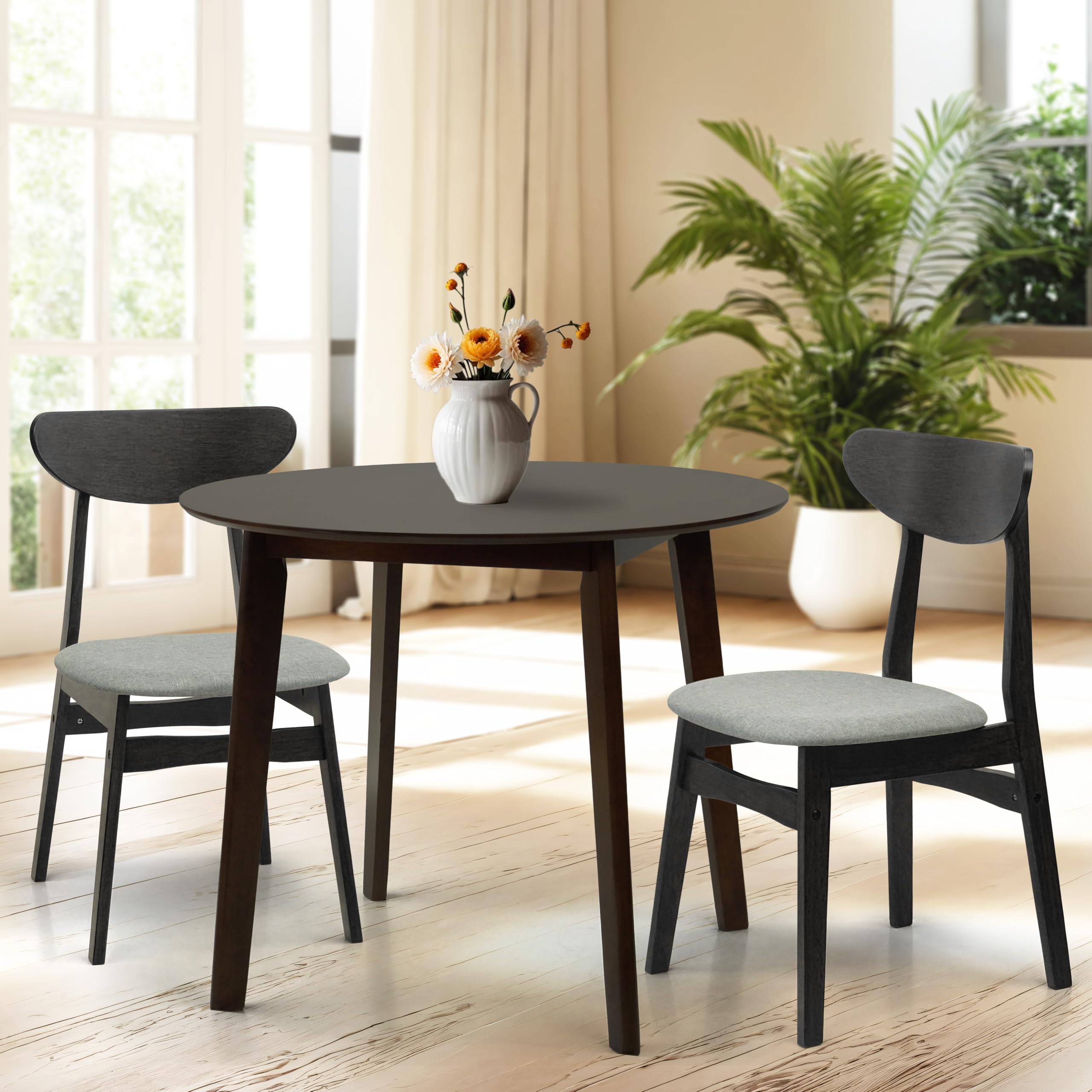 Wickerix Set of 3 Dining Kitchen Round Table and 2 Yumiko Side Chairs Solid Wood w/Padded Seat