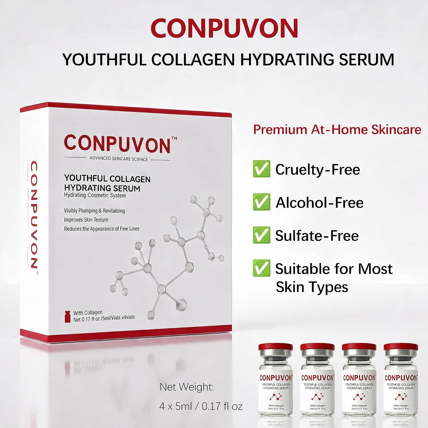 CONPUVON™ Youthful Collagen Hydrating Serum Cosmetic Applicator Kit, 4 Vials + 2 Cosmetic Tips (0.25mm), Collagen Peptides, 4-Week Skincare Routine, Hydrating Skincare Set, All Skin Types