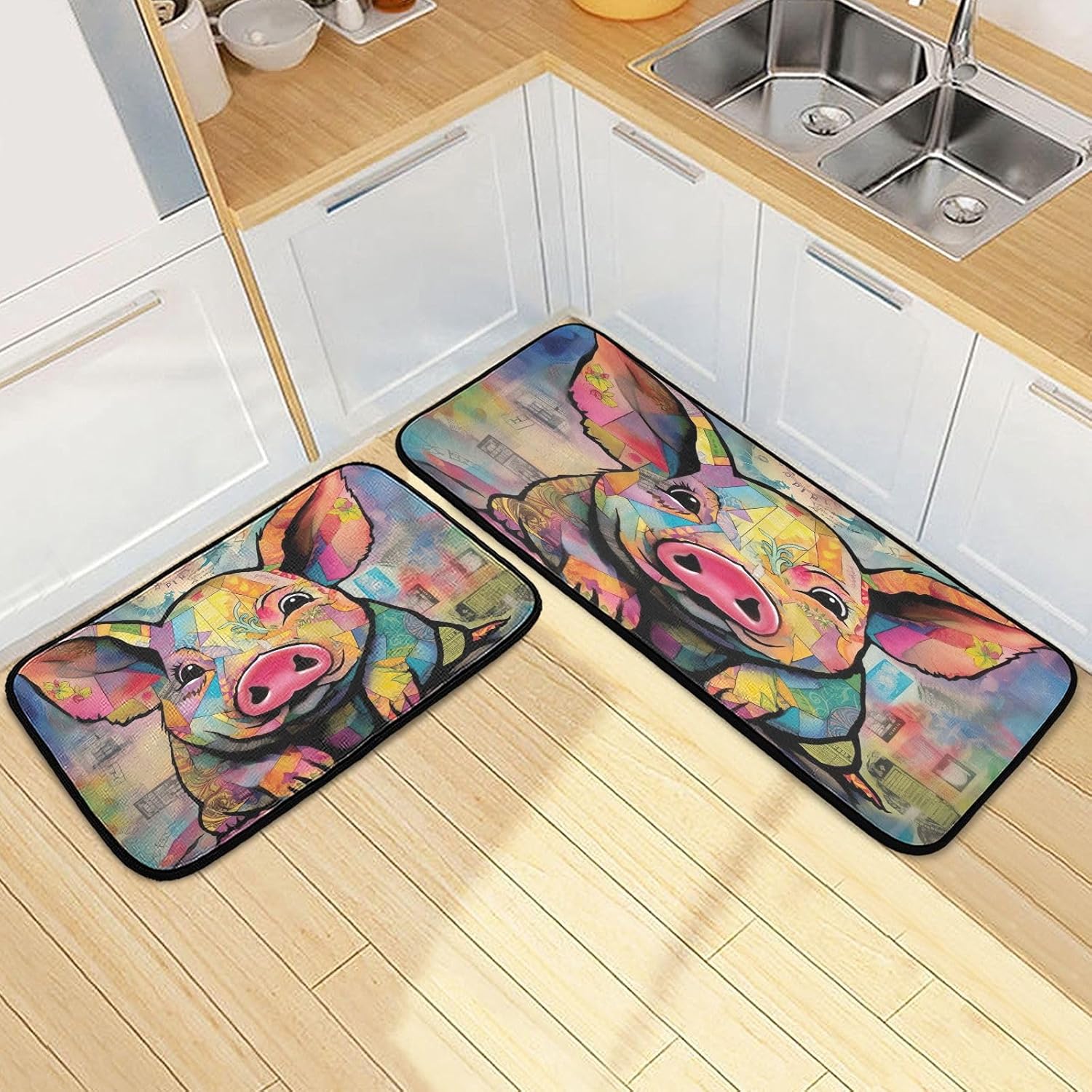 Kigai Colorful Pig Kitchen Rug Set of 2 Non Slip Washable Cushioned Anti-Fatigue Kitchen Mat Comfort Standing Floor Mat for Kitchen Washroom Bedroom