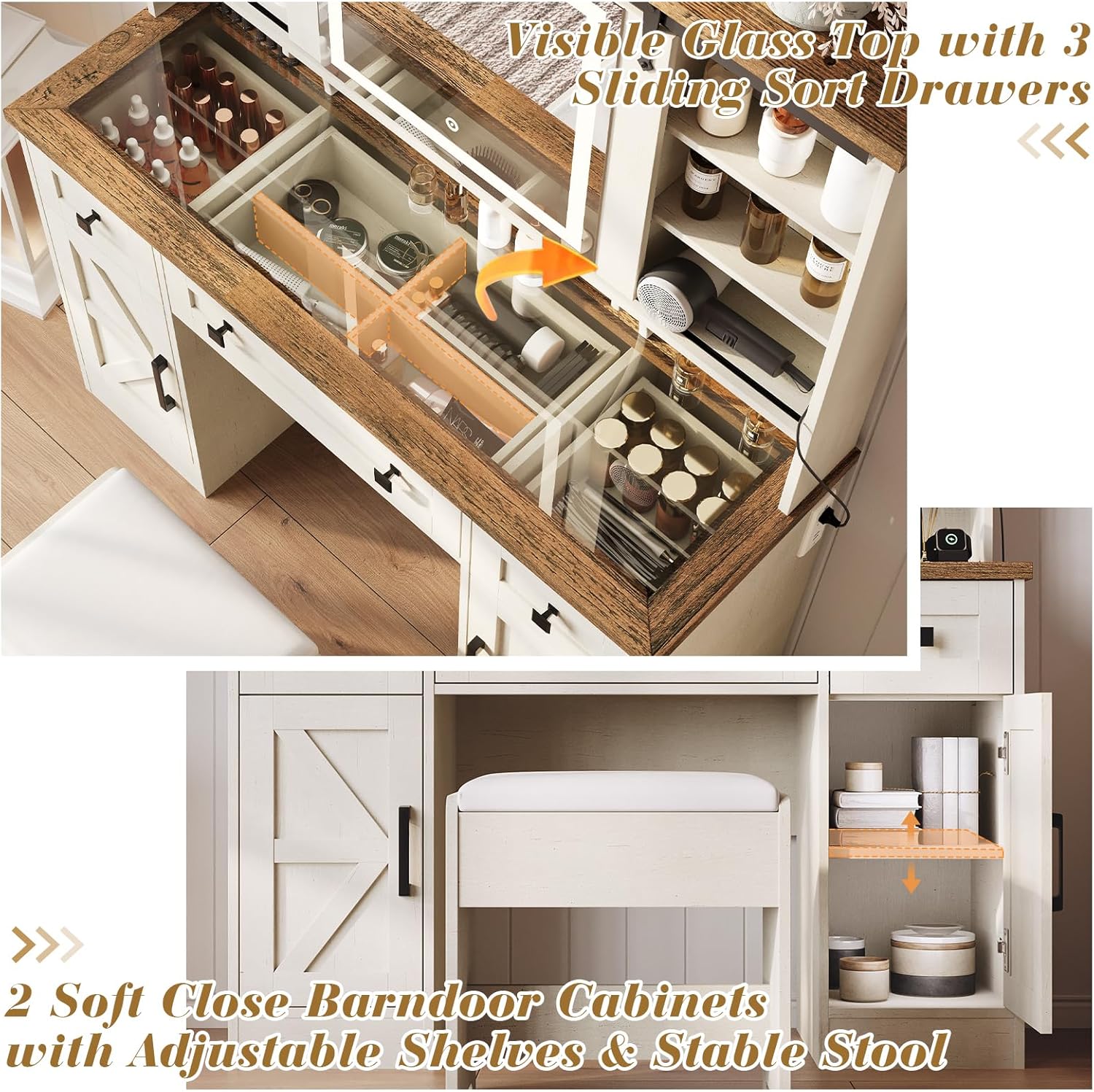 Glass tabletop with three sliding sort drawers