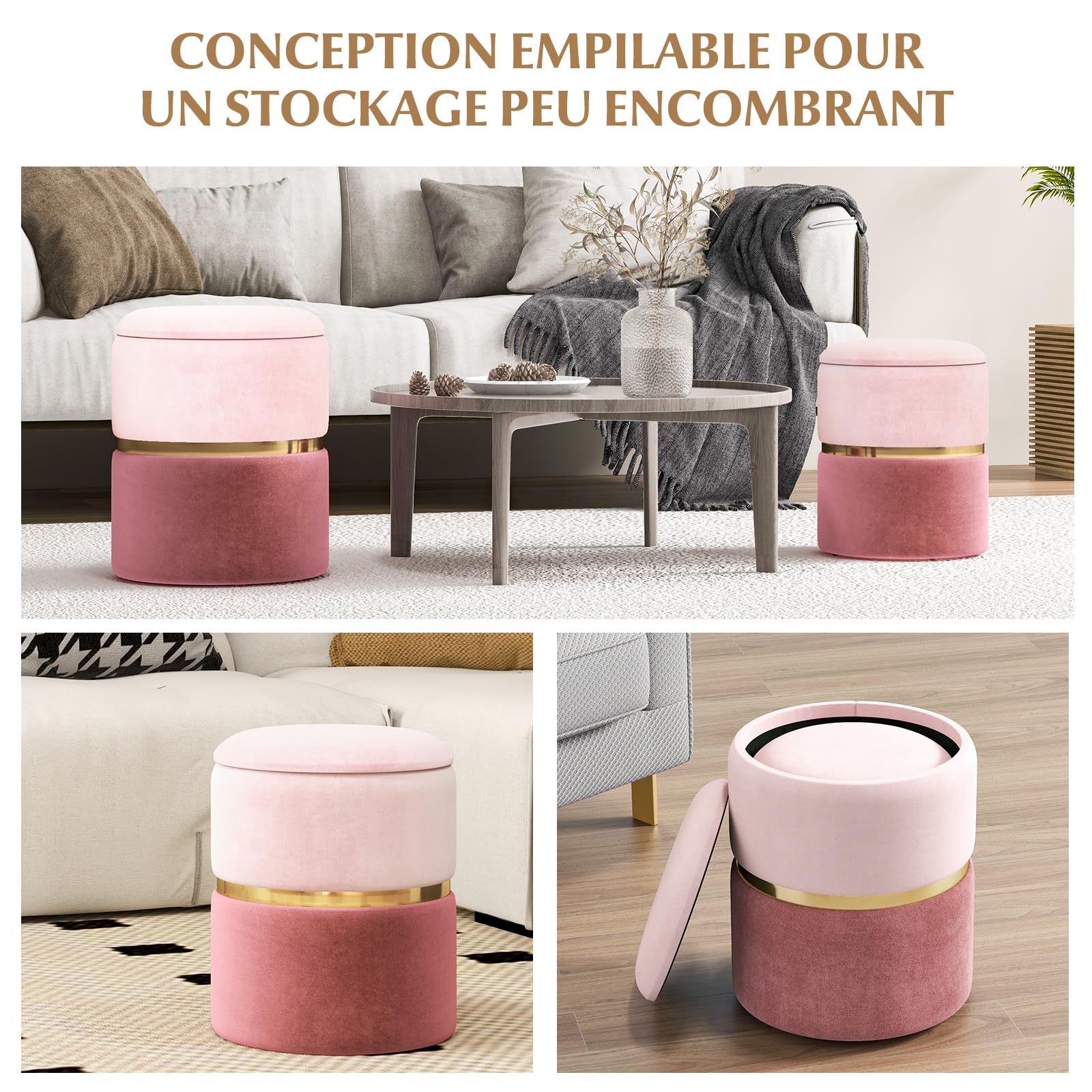 COSTWAY Lot de 2 Poufs Rangement en Tissu Lin, Pouf Coiffeuse Empilable, Garniture Argentée, Coussinets Antidérapants, Siège Rembourré, Tabouret Rond pour Coiffeuse Chambre Salon (Rose)