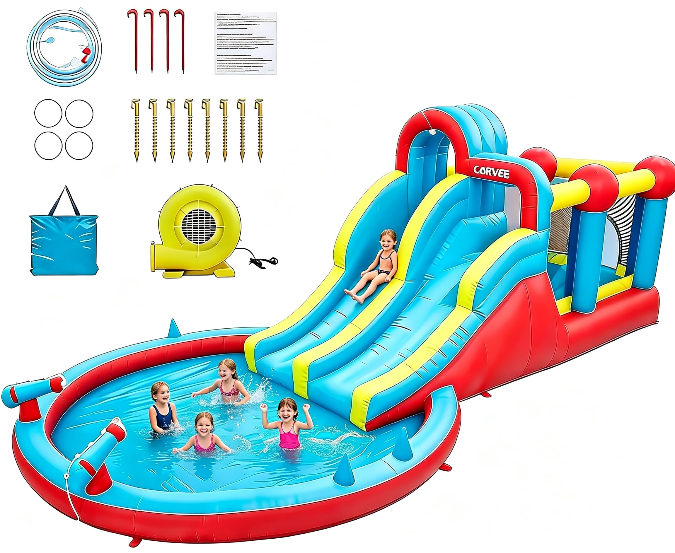 Hüpfburg XXL Mit Wasserrutsche, Hüpfburg Mit Gebläs, Wasserpark Für Kinder Mit Gebläse, Outdoor Springen,Splash Pool, Rutsche, Groß Hüpfburg, Sommer Spielplatz Für Hinterhof, Innen-Außenbereich