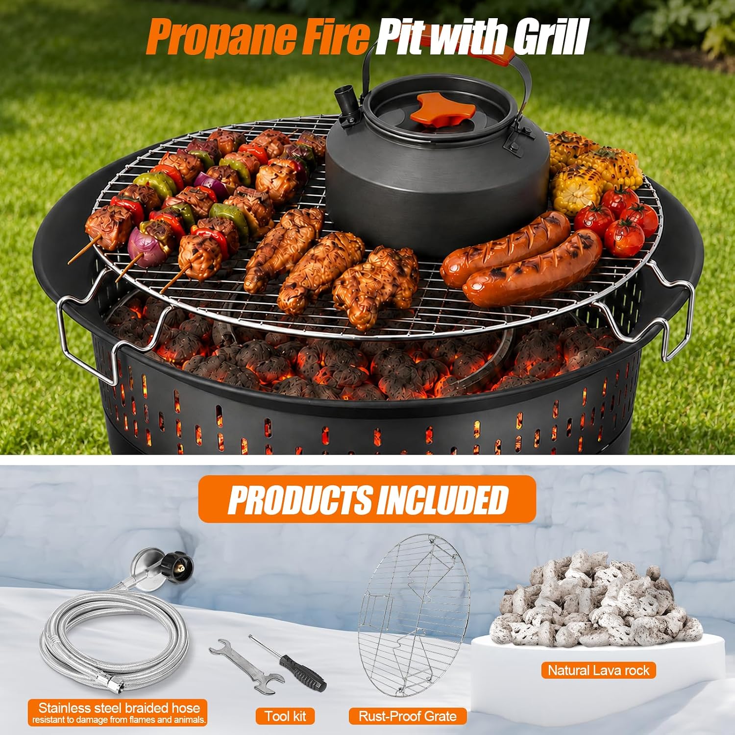 GasBRUH Smokeless Propane Fire Pit with Grill Grate,24-inch Portable Firebowl,60,000 BTU with Self Igniter, Cover&Carry Kit for Camping,RV,Outside Patio,Backyard Camping Propane Firepit, Fireplace