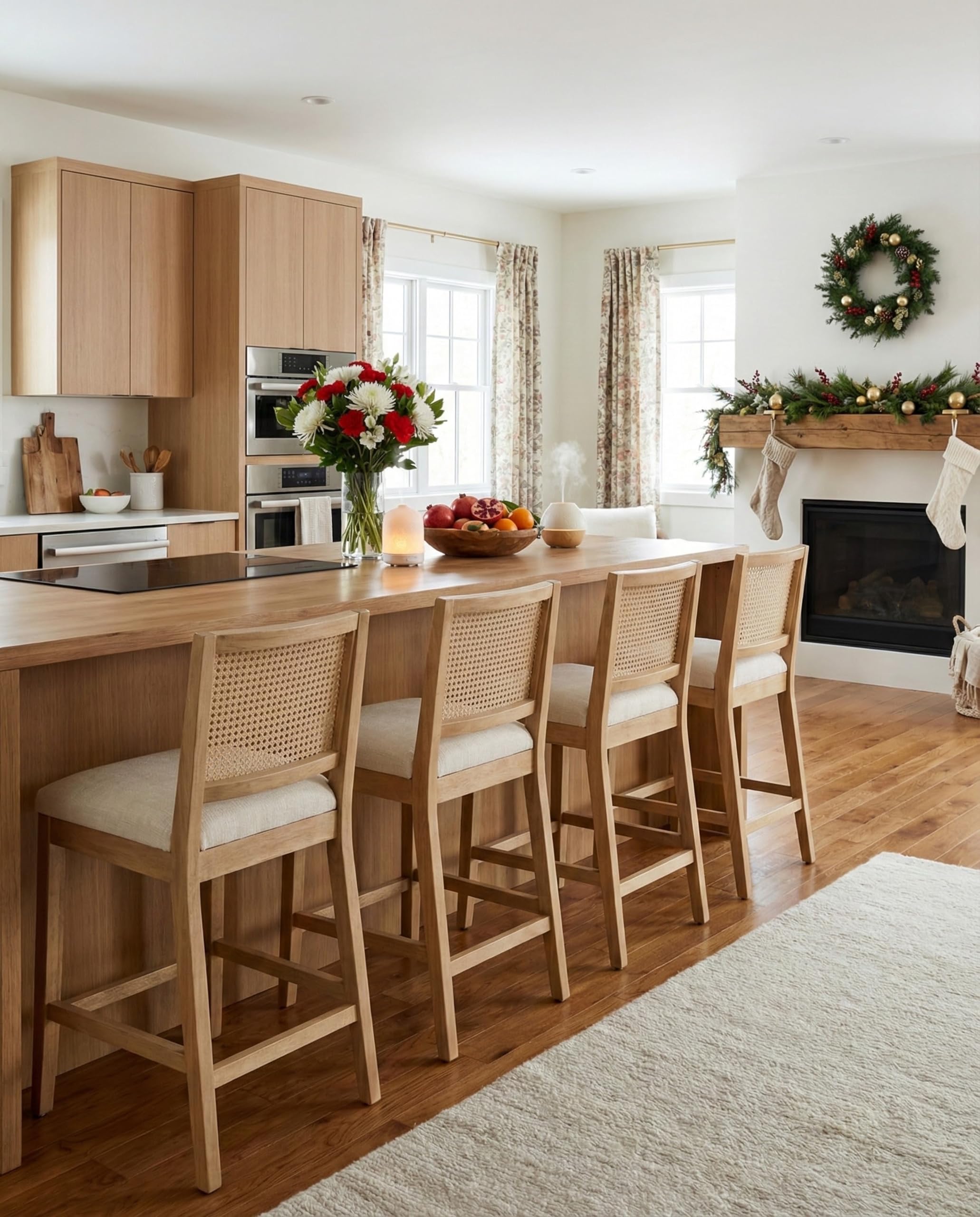 DAYALANE 26 Inches Rattan Counter Stools Set of 4, Farmhouse Linen Fabric with Natural Wood Legs Counter Height Stools, Upholstered Kitchen Island