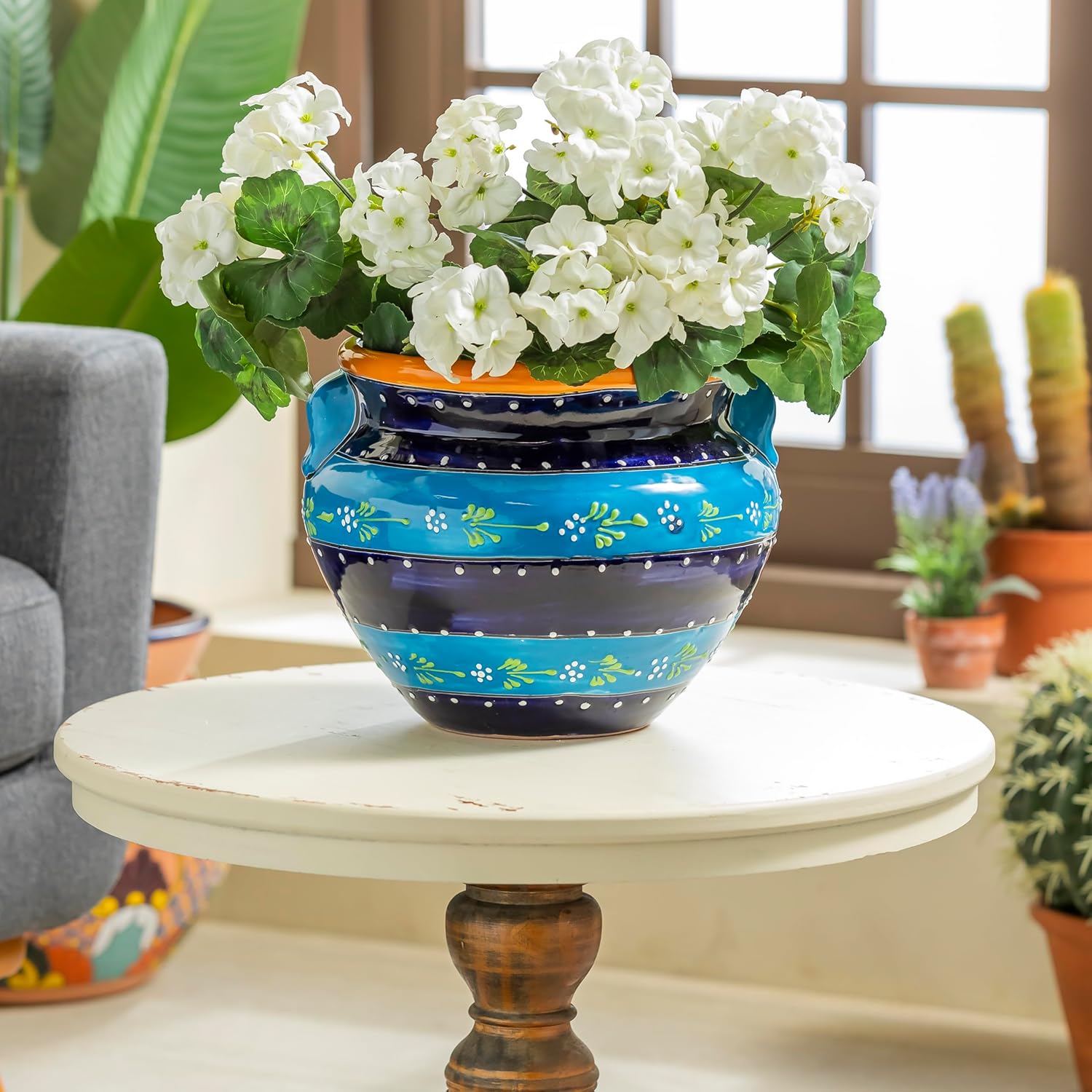 Evergreen Garden Talavera Mexican Pottery Ceramic Chata | Flower Pot Plant Succulent | Indoor Outdoor (12 in. Blue Striped)