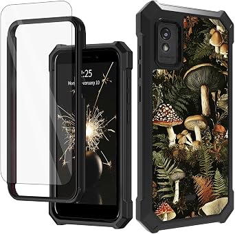 Case for BLU Studio Mini 2023 with Tempered Glass Screen Protector, Full-Body Protective Shockproof Rugged Bumper Durable Phone Cover Case for Blu Studio Mini 2023, Midnight Mushrooms Forest