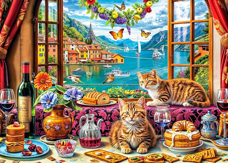 Puzzle 1000 Teile für Erwachsene,Puzzle klassisches Lernspiel-Glückliche Katze und schöne Aussicht aus dem Fenster-Wunderschönes Dekoration Geschenke