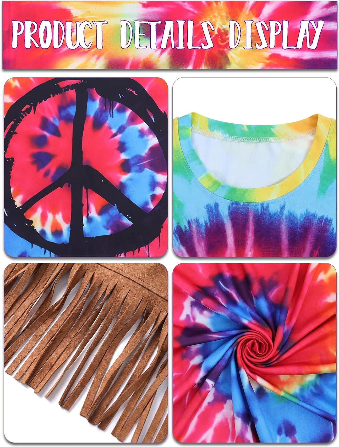 70s Outfits for Men Hippie Costume for Men Tie Dye T-shirt Fringe Vest Peace Necklace Wig Sunglasses Headband
