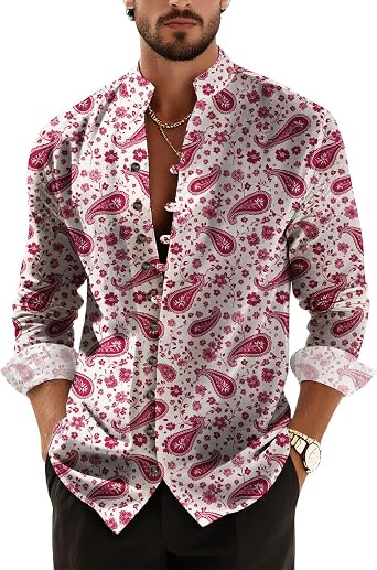 ZOCANIA Mens Button Down Shirts Long Sleeve Paisley Floral Print Casual Shirt Rolled Sleeve Stand Collar V Neck Tees