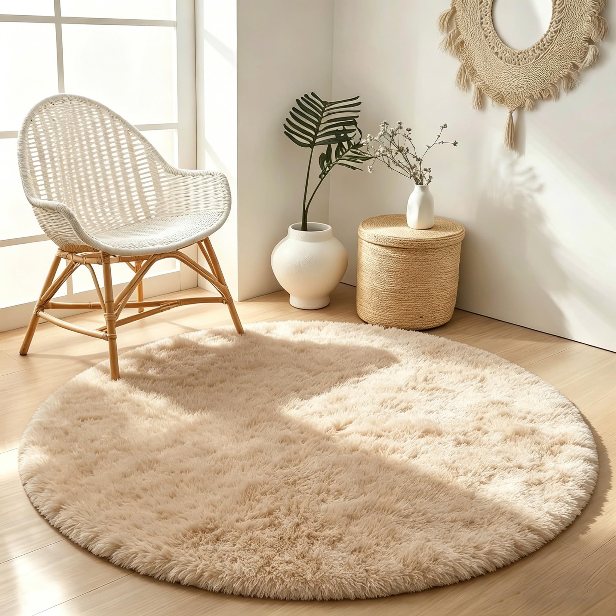 BEIMO Soft Fluffy Round Rugs 120cm, Tie Dye Super Plush Shaggy Area Rug, Faux Fur Carpets, High Pile Rug Non Shedding, Soft Rugs for Living Room, Pure Beige