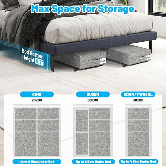 Large Sturdy Under Bed Storage with Wheels, 2 Pack 50L Rolling Underbed Storage Bins, Under Bed Containers Drawer with Metal Bottom Support, Bedroom Organizer with Lids for Clothes, Shoes, Blankets