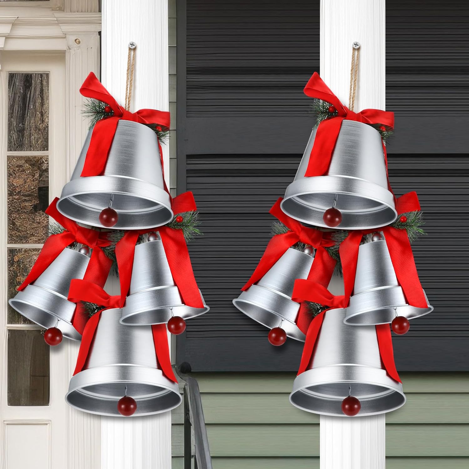 8 Pcs 8+6.5in Silver Giant Bells Extra Large Christmas Bells for Outside Decor for Xmas Tree Doors Firepalces Unique for Large Xmas Bell Ornaments Garland Indoor Outdoor