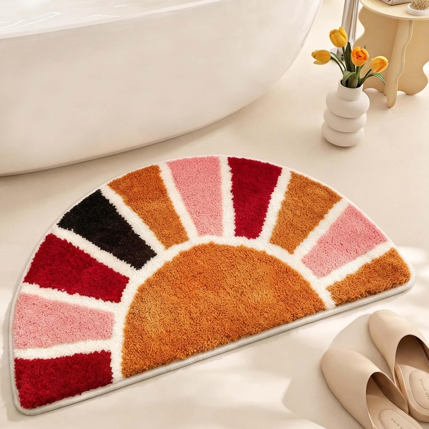 Boho Half Circle Bath Rug, Retro Sun Bathroom Rug Non Slip, Soft Absorbent Semi Round Bath Mat Washable Small Bohemian Rug for Bathroom, Bedroom, Entryway (30" L x 16" W)