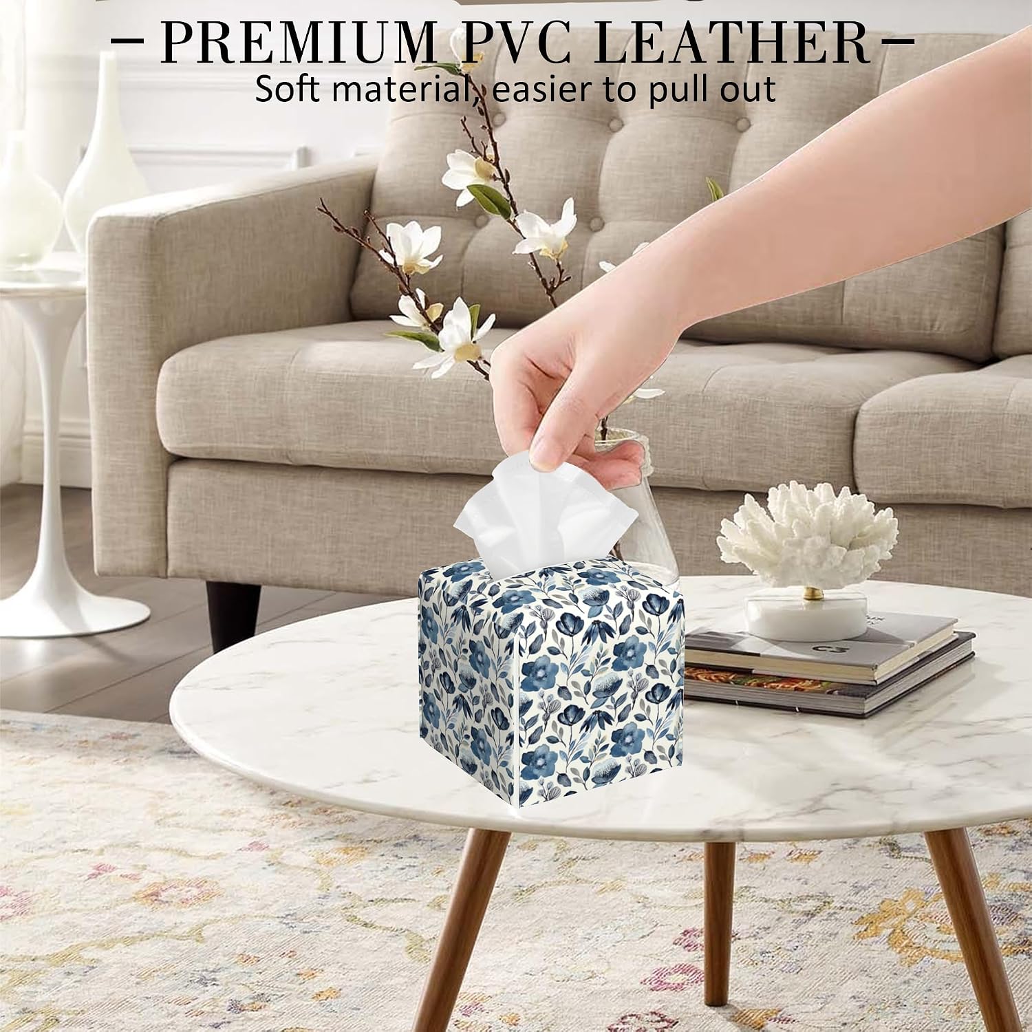 Leather Tissue Box Holder Blue Flowers Tissue Box Cover Square Waterproof Tissue Holder Organizer Modern Napkin Holder for Bedroom Dresser Night Stand Office Desk image 5