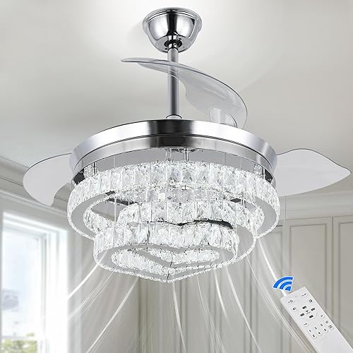 Miniatura 10 de Ventiladores de techo de cristal regulables de 42 pulgadas, modernos candelabros de techo LED con control remoto de luz, candelabros de cristal