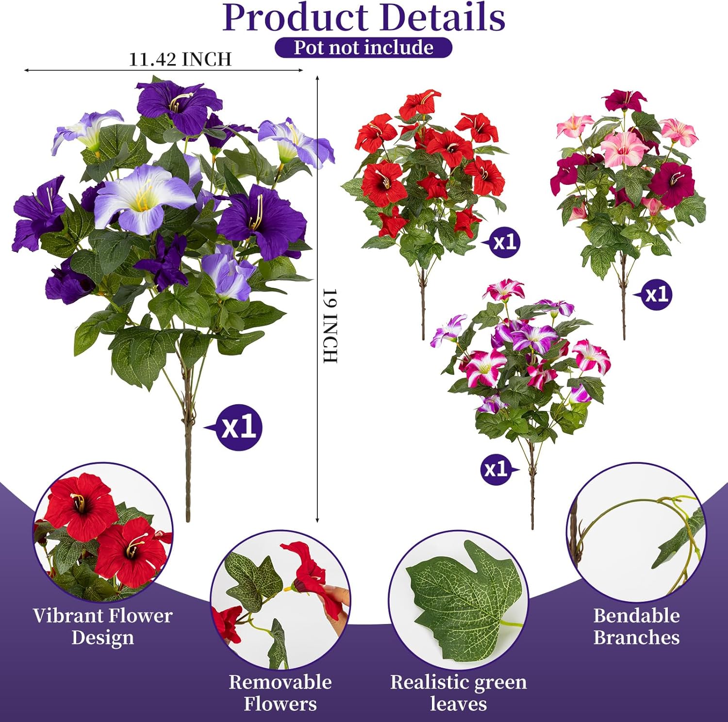 19 Inch Artificial Fake Flowers for Outdoor,4 Pcs Faux Silk Petunias Spring Flowers for Outside for Indoor Porch Planter Front Door Garden Patio Window Box Home Decor(Multiple Color) - Image 6