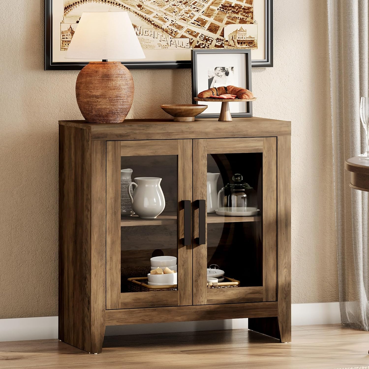 WAMPAT Buffet Cabinet with Storage, Kitchen Sideboard Cabinet with Glass Door and Adjustable Shelf, Modern Farmhouse Credenza Wood Coffee Bar Table for Kitchen, Dining Room, Living Room, Brown