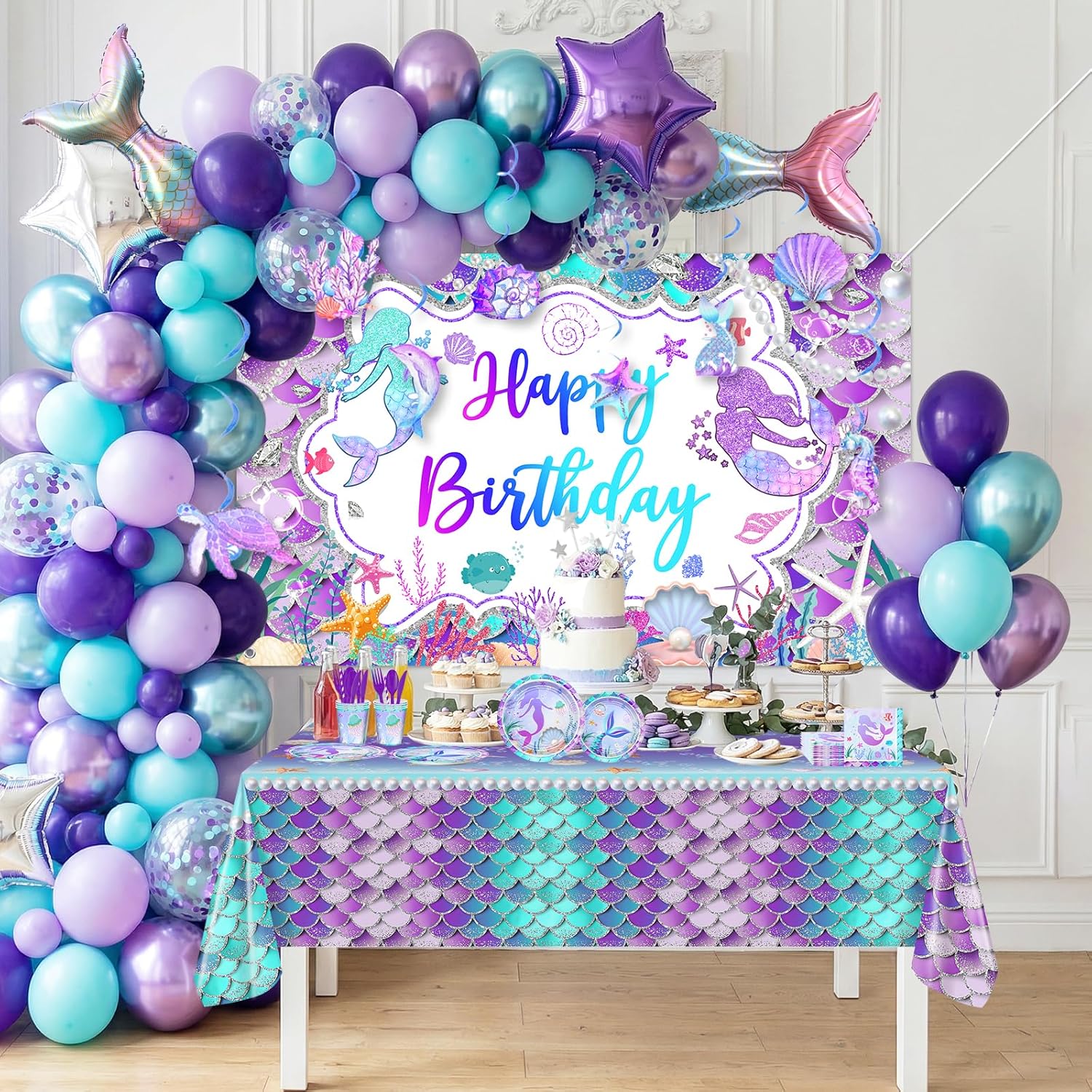 Avezano 321 PCS Mermaid Birthday Party Supplies Includes Disposable Paper Plates, Cups, Napkins, Tablecloth, Banner & Balloon Arch Kit for Girls Women Mermaid Party Decorations, Serves 24