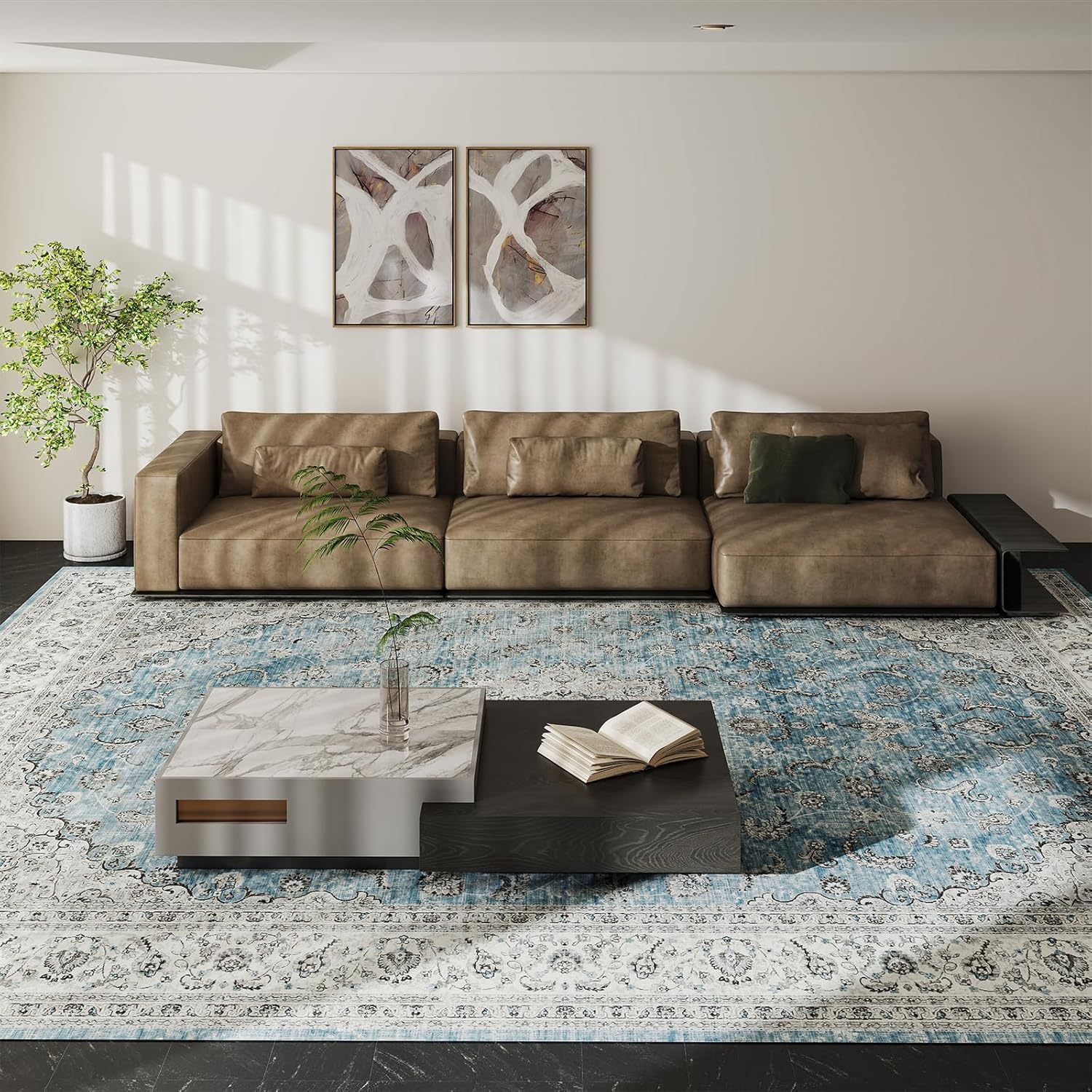 Vintage 8x10 Washable Area Rug, Low-Profile Large Area Rug with Non-Slip Backing & Durable Edge Binding, Pet-Friendly Carpet, Large Rug for Living Room, Bedroom, Dinning Room