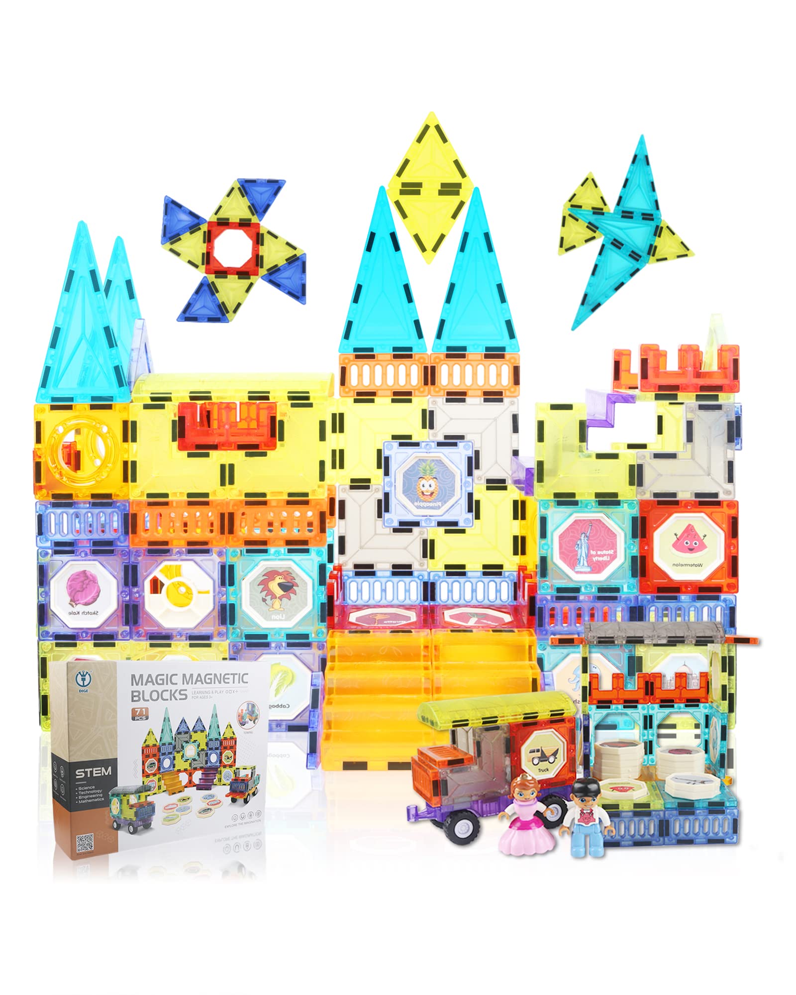 Magnetic Blocks Building Toys 3D Clear Magnetic Building Blocks Educational Magnet Toys Set for Kids with 2 Cars & 2 Figures, Creativity Beyond Imagination, Recreational, Inspirational