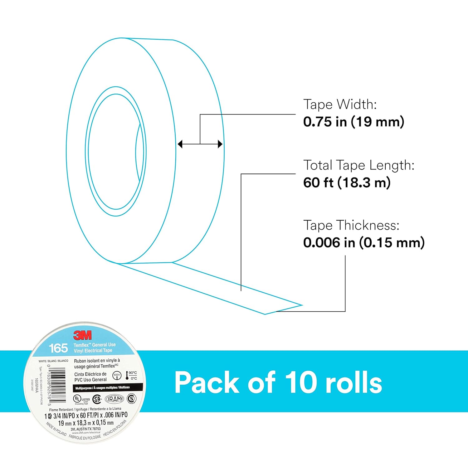 3M Temflex Multi-Purpose Vinyl Electrical Tape 165, White, 3/4 in x 60 ft (19 mm x 18 m), 10 Roll Pack