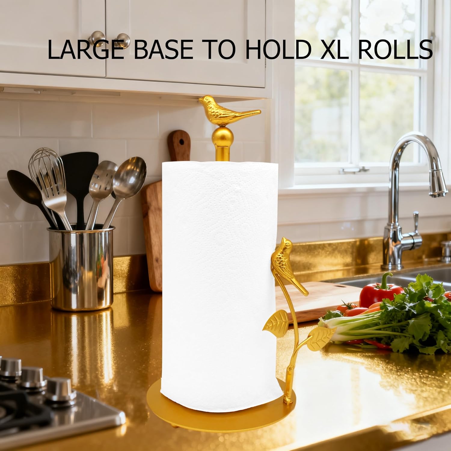 Gold Paper Towel Holder with Arm Fit Most Size Paper Roll Gold Paper Towel Holder Countertop Golden Bird Decor for Kitchen