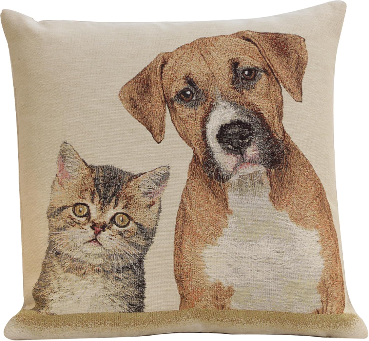 Charlotte Home Furnishings 18x18 Inch Decorative Throw Pillow Cover – Besties Dog and Cat Design – European Cotton Jacquard Woven Tapestry Pillow for Couch, Sofa, or Living Room Decor