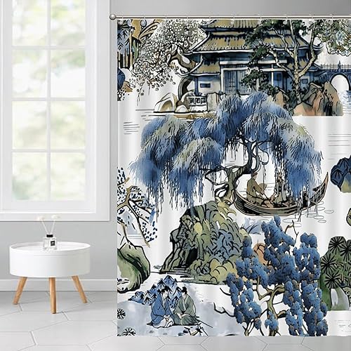 Miniatura 684 de Cortinas de ducha de baño con ganchos, 72 x 92 pulgadas, cortina de ducha de tela impermeable con diseño de flores y pájaros, cortina de ducha