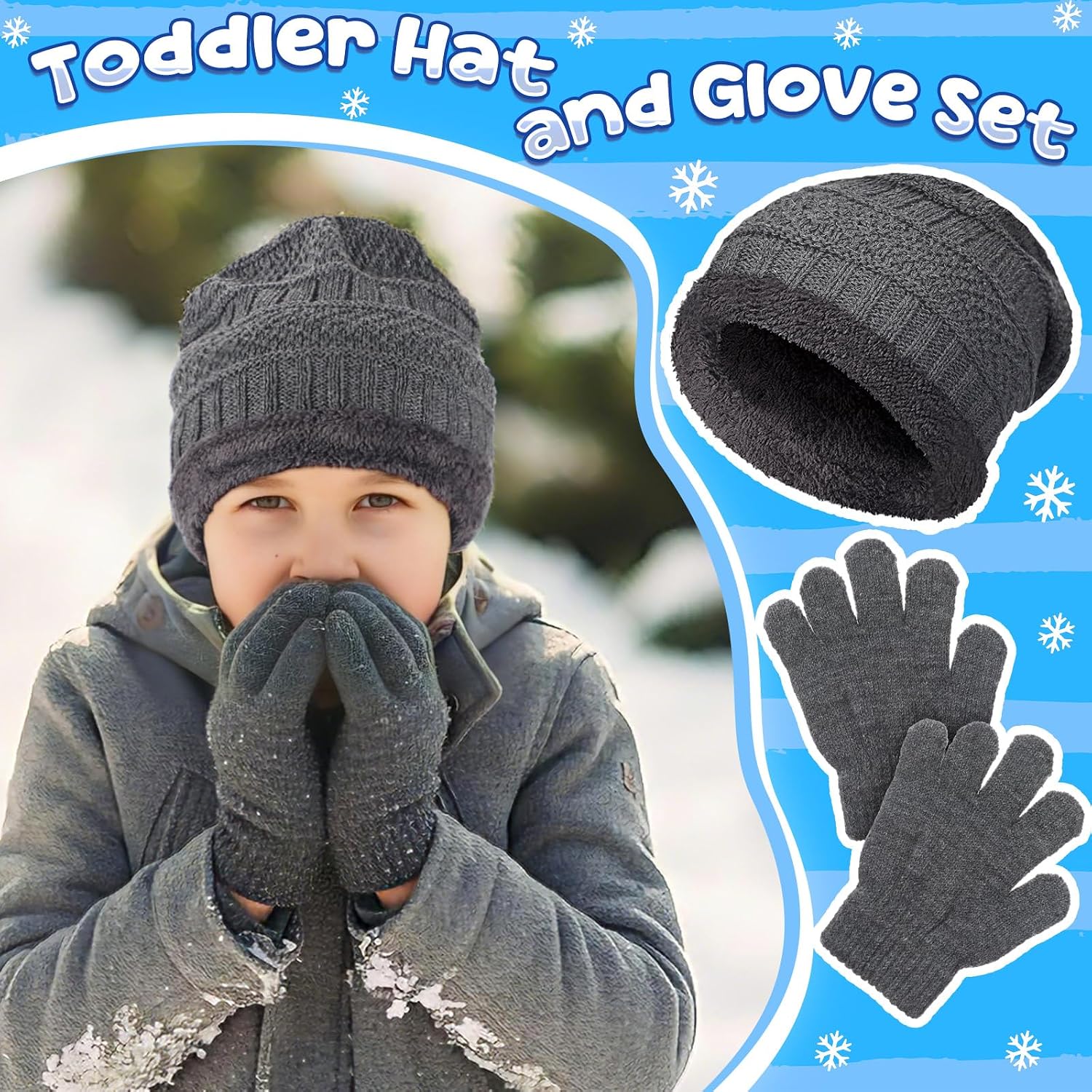 Geyoga 6 Pack Kids Winter Beanie Hat Gloves Set Boys Girls Warm Knitted Fleece Lined Pompom Hat for Children Toddler 3-8 Year