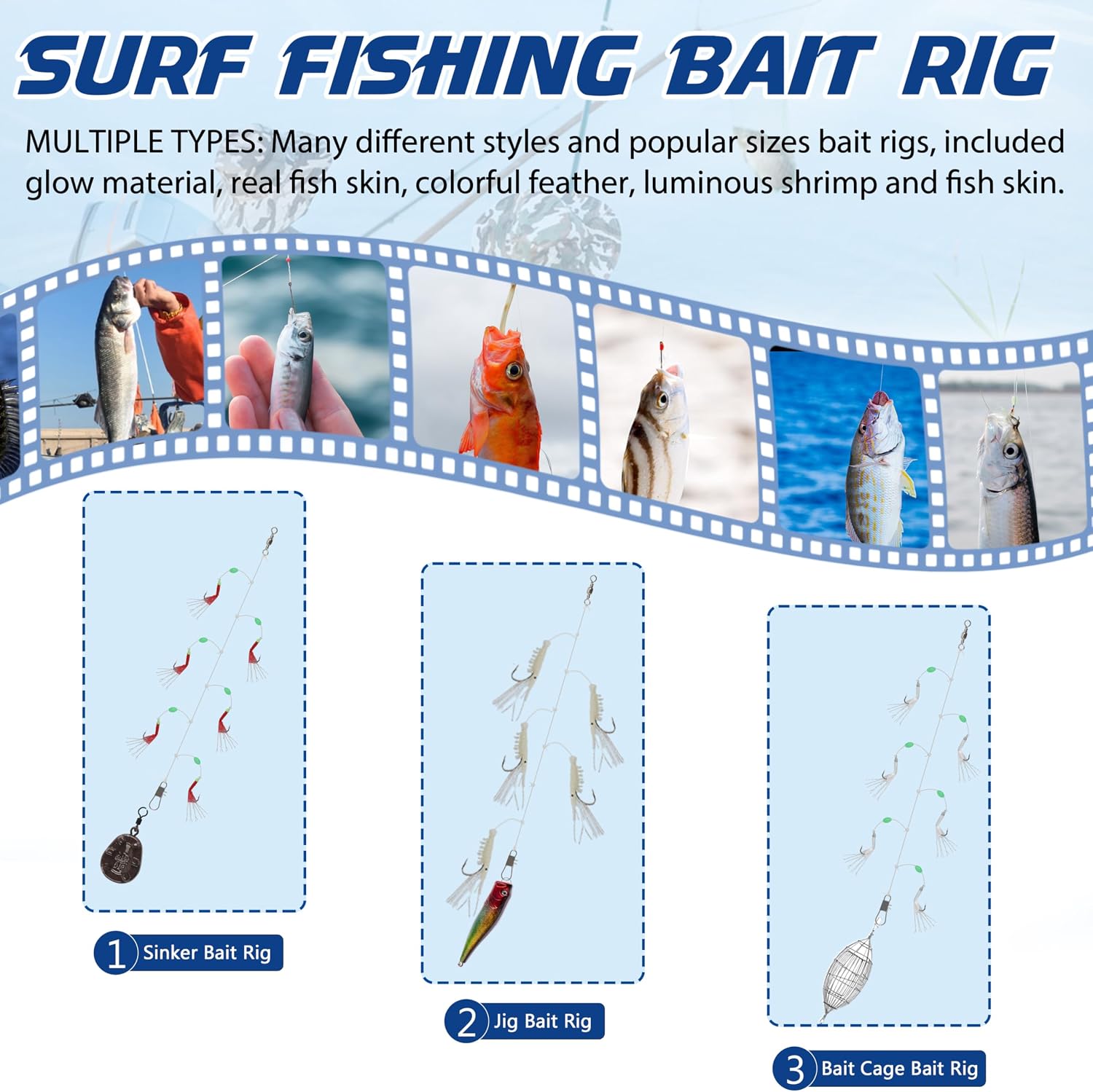Mackerel Rigs Fishing Bait Rigs, 15 Pack Surf Fishing Rigs with String Hooks Swivels Luminous Sea Bass Rigs
