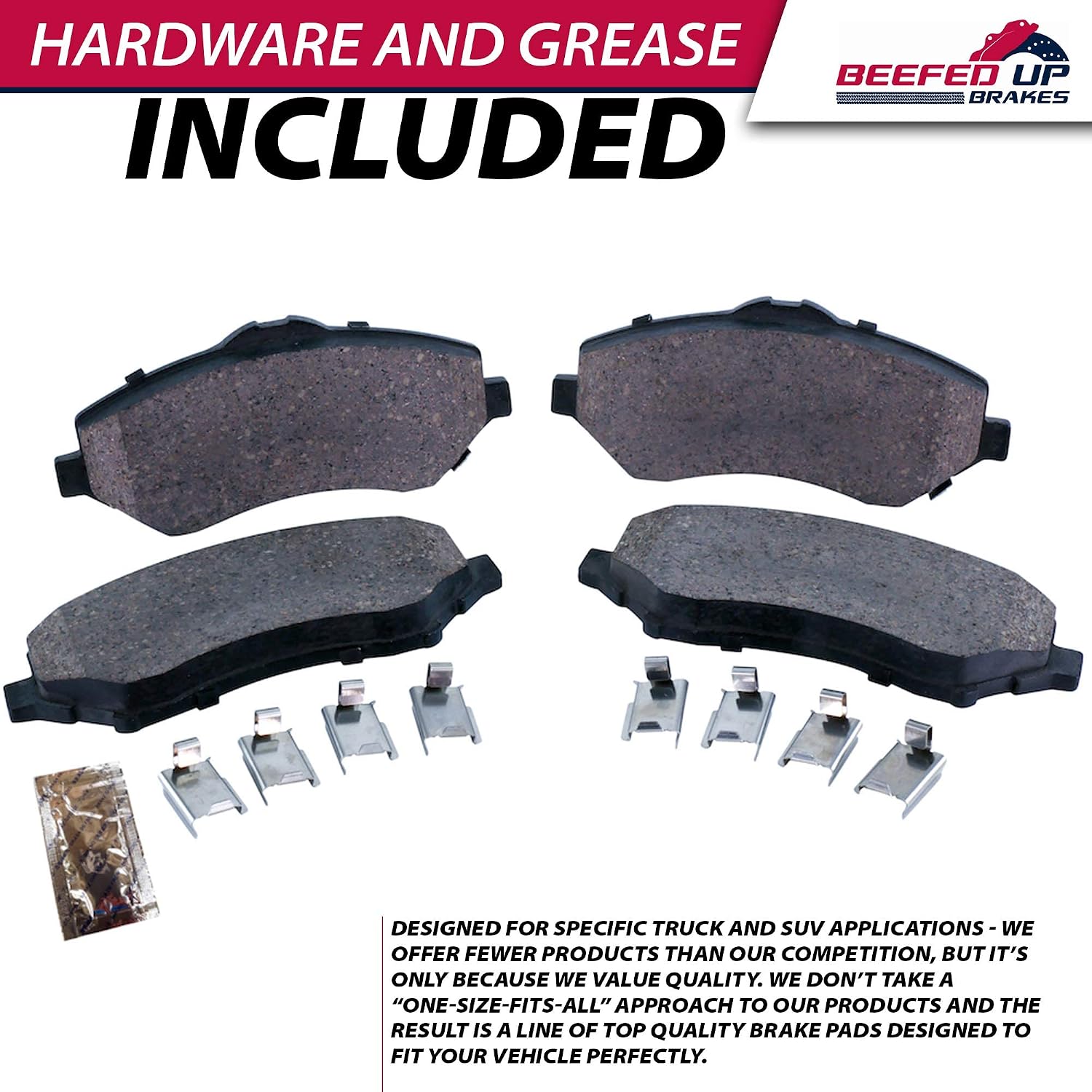 Beefed Up Brakes Cereamic Brake Pad Kit w/hardware and grease Compatible with 2007 - 2018 Jeep Wrangler JK/JKU (Trail Rated - Front)