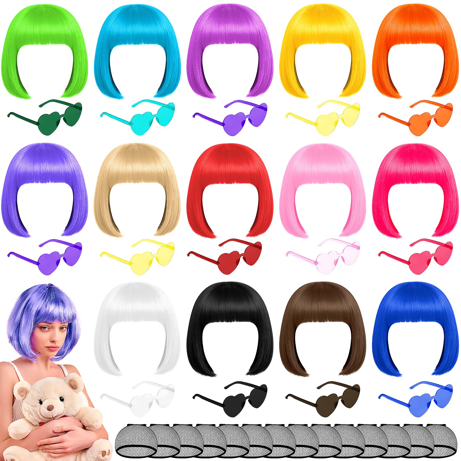 Lot de 14 Perruques Bob Courtes avec 14 Lunettes et Bonnets