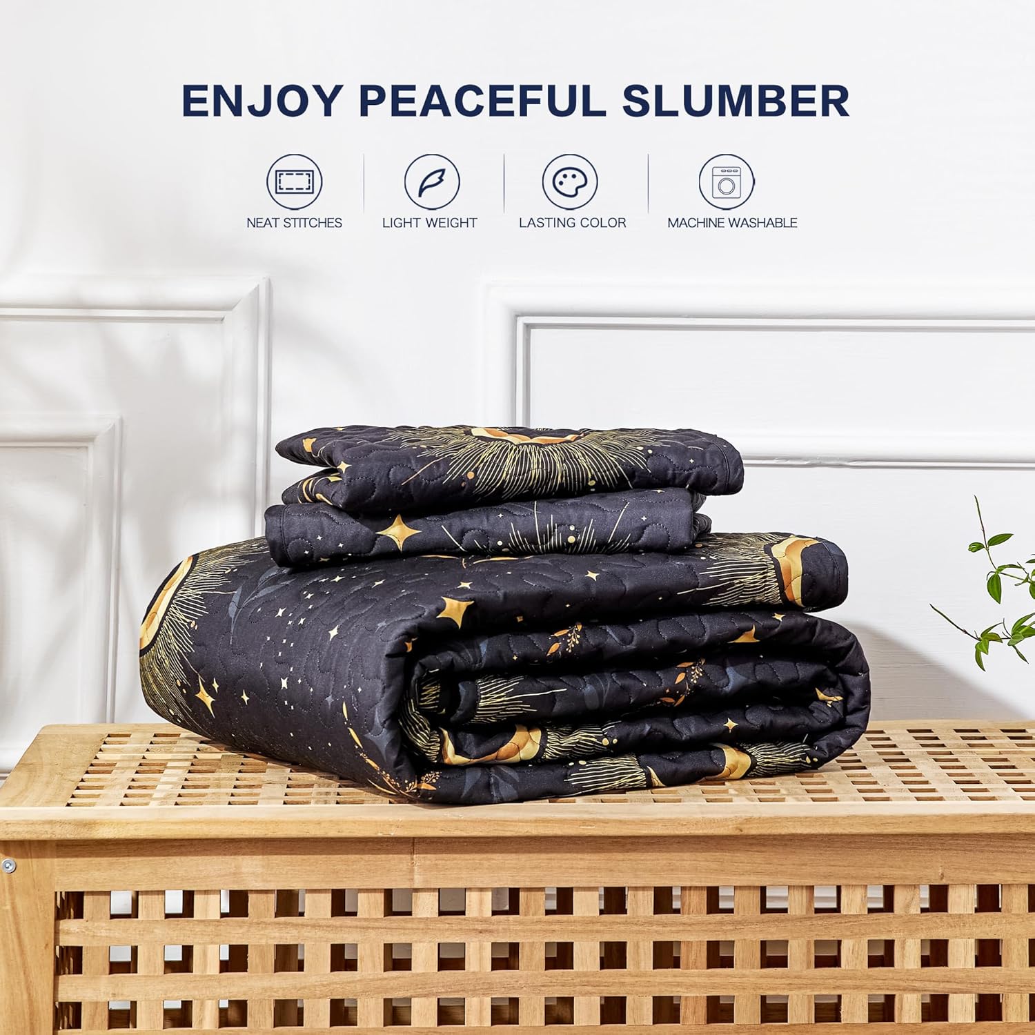 EXQ Home Quilt Set Full Queen Size Black Print 3 Piece,Lightweight Soft Coverlet Modern Style Moon Pattern Bedspread Set(1 Quilt,2 Pillow Shams)
