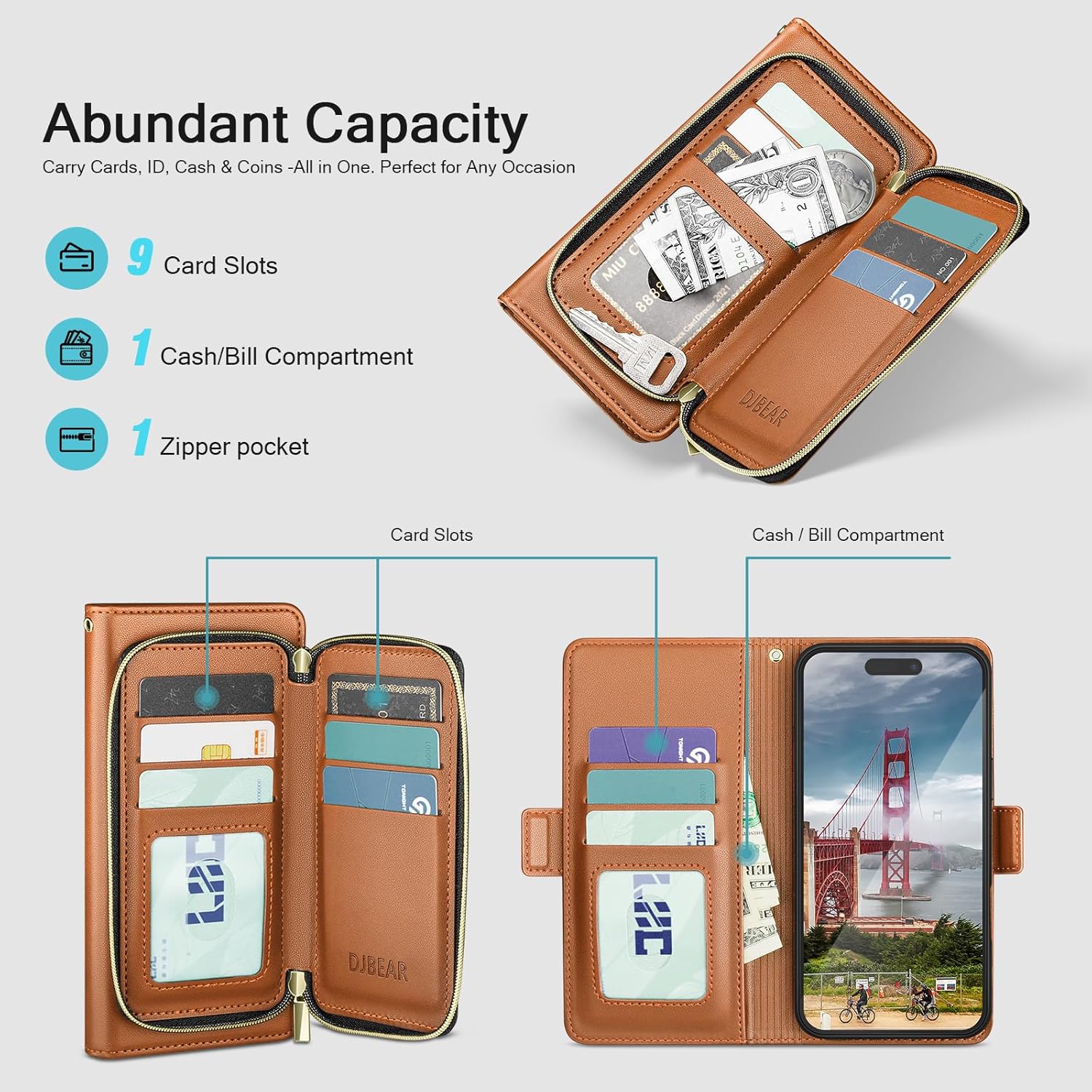 DJBEAR for iPhone 17 Pro 6.3" Wallet Case for Men & Women, All-in-One Flip Folio Cover with 9 Card Slots, Zipper Pocket, Detachable Wrist Strap, Full Body Protection for Apple 17 Pro Light Brown