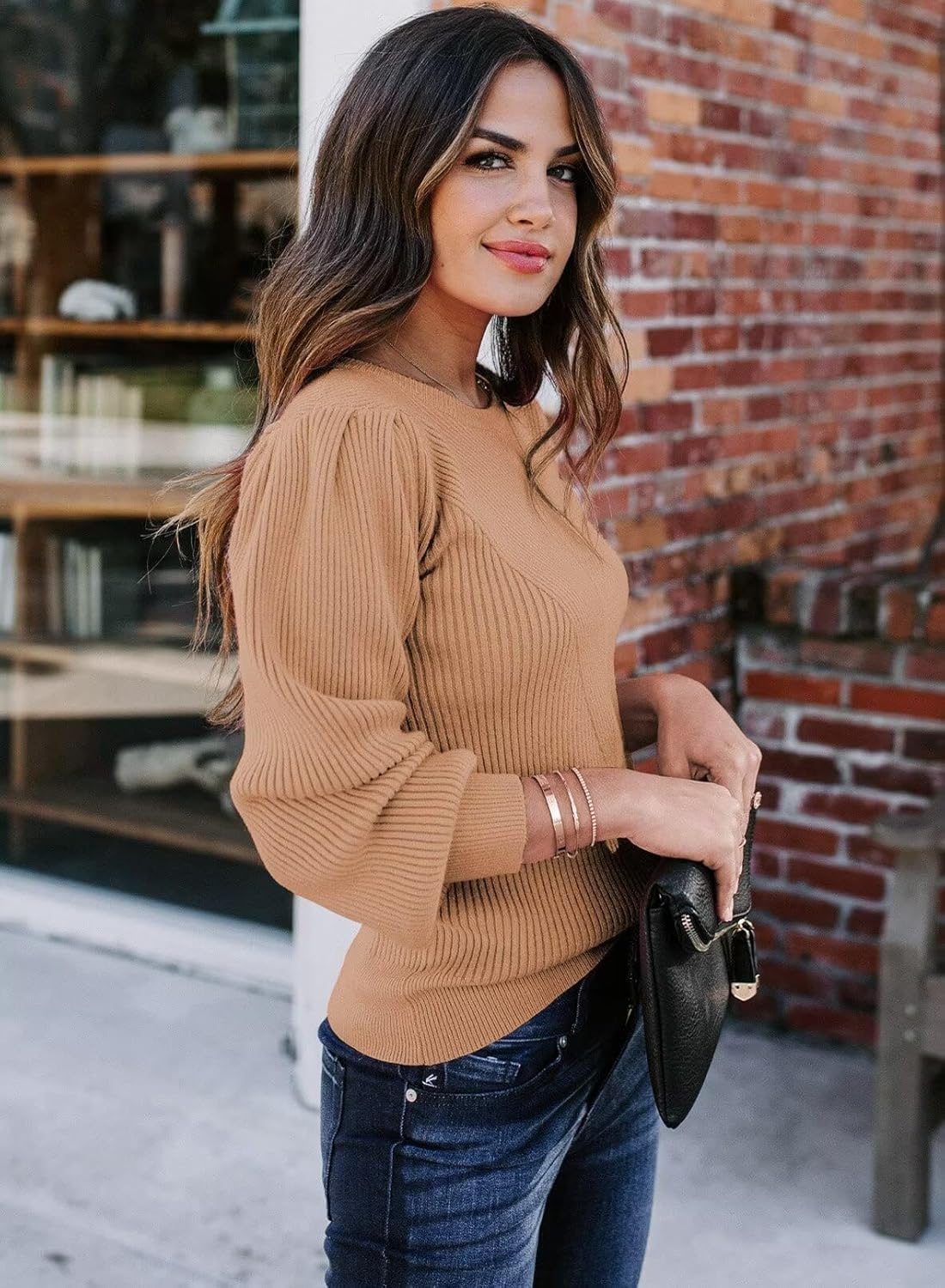 Dokotoo Womens Ribbed Knit Long Lantern Sleeves Sweater Crewneck Casual Slim Fit Pullover Jumper Tops - Image 3