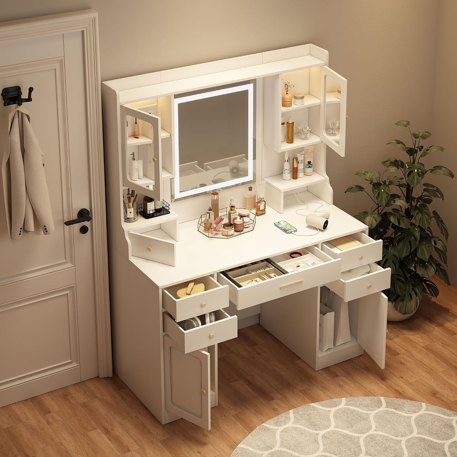 Runboll Vanity Desk with Mirror and Lights, 41.3" L Large White Makeup Vanity with Power Outlet, Dressing Table with Lots Storage, 3 Lighting Modes, Brightness Adjustable
