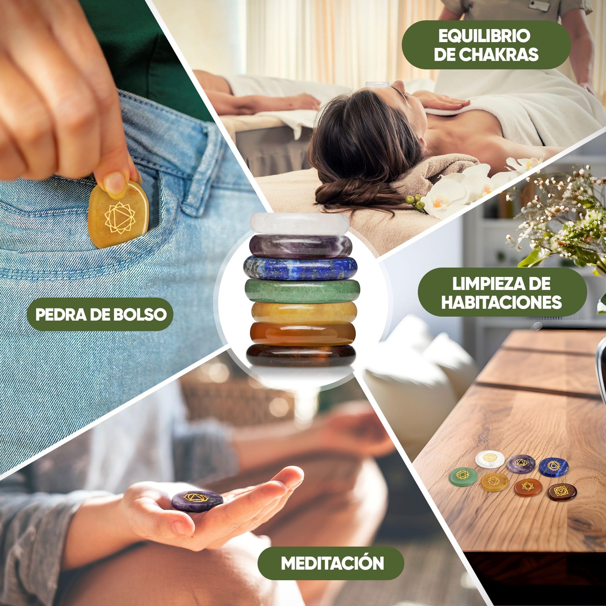 PURAJA Conjunto de Chakras Premium con los 7 principales cristales | Set de piedras curativas de cristales | Piedras de los Chakras con símbolos | Piedras curativas artesanales para meditación