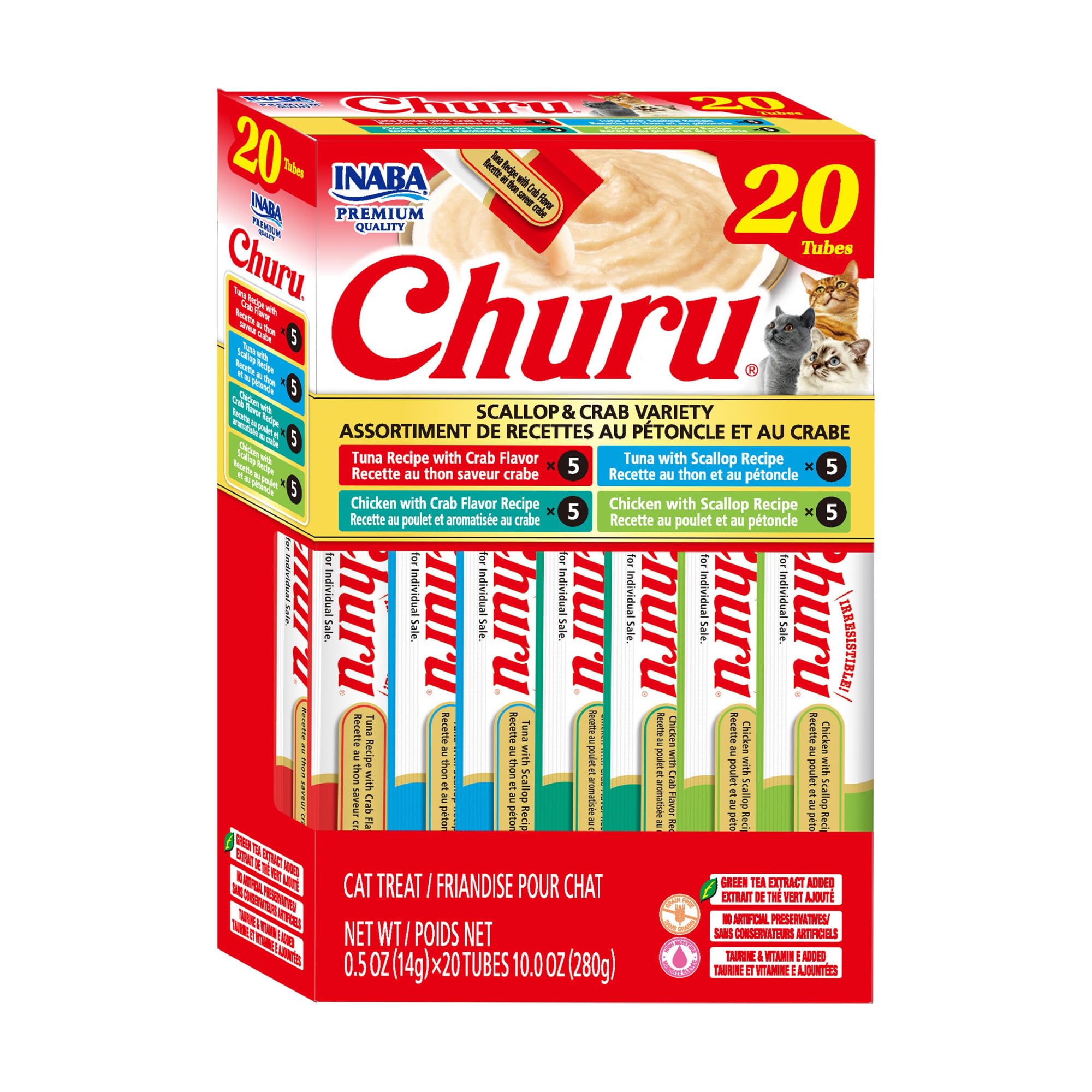 INABA Churu Cat Treats, Lickable, Squeezable Creamy Purée Cat Treat with Green Tea Extract & Taurine, 0.5oz. Each Tube, 20 Tubes, Scallop & Crab Variety