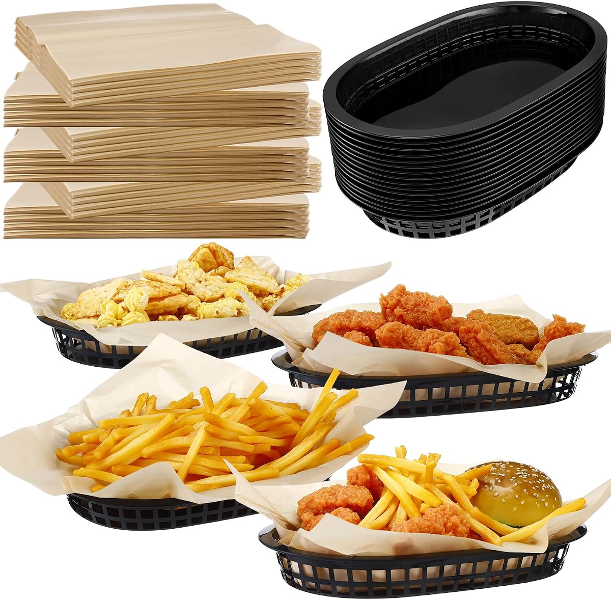 16 Pack Black Fast Food Baskets and 160 Deli Liners 10.6 x 7.1 Inch Baskets with Disposable Deli Paper Squares (12'') for Easy Cleanup Burgers Fries Party Barbecue(Classic)