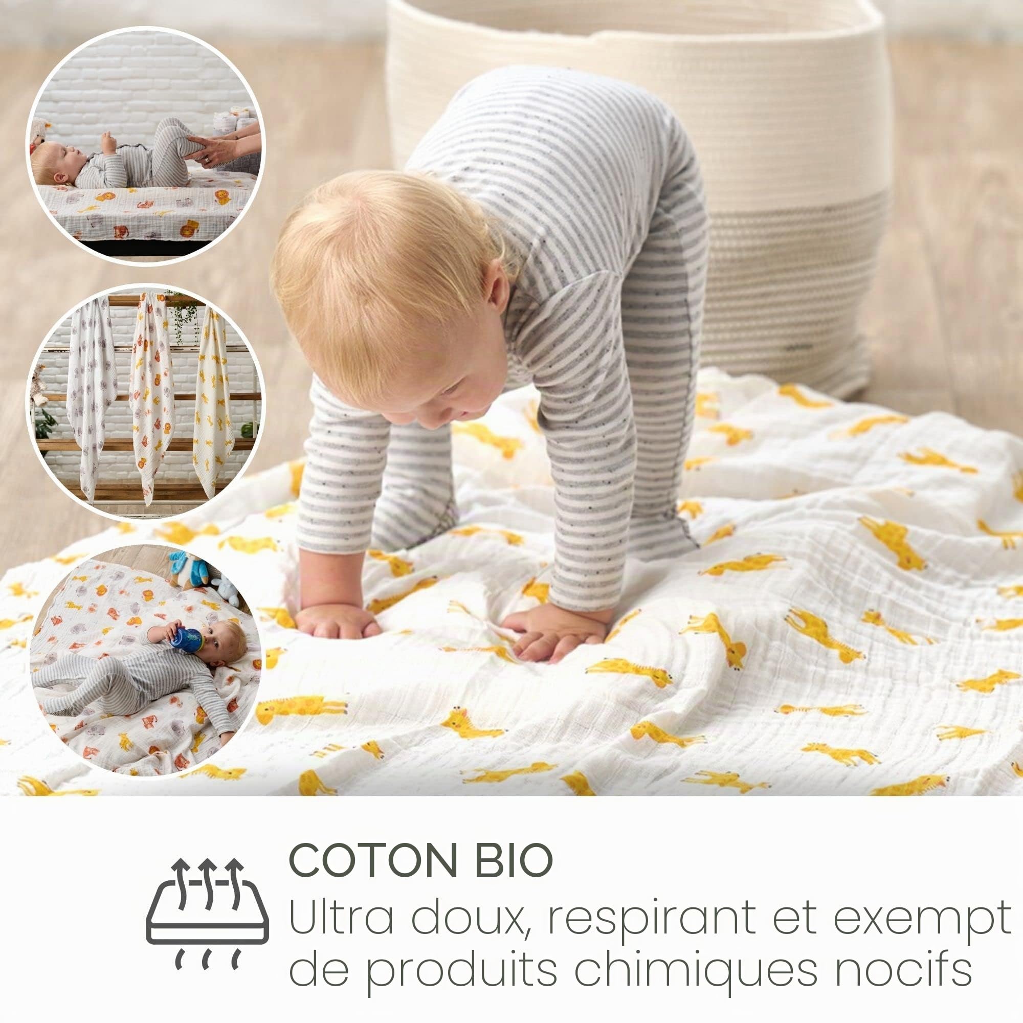 Bloomsbury Mill - Lot de 3 Grands Langes de Mousseline pour Bébé - 100% Pur Coton Biologique - Animaux De La Jungle - Safari - 120cm x 120cm