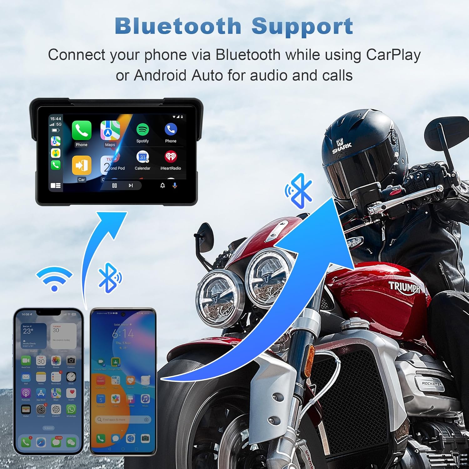 Mt7A 7 Inch Motorcycle Carplay Screen, Wireless Apple Carplay & Android Auto, 800Nits, IP67 Waterproof, Screen Mirroring, BT4.2, Voice Control with Siri/Google Assistant with Magnetic Mount
