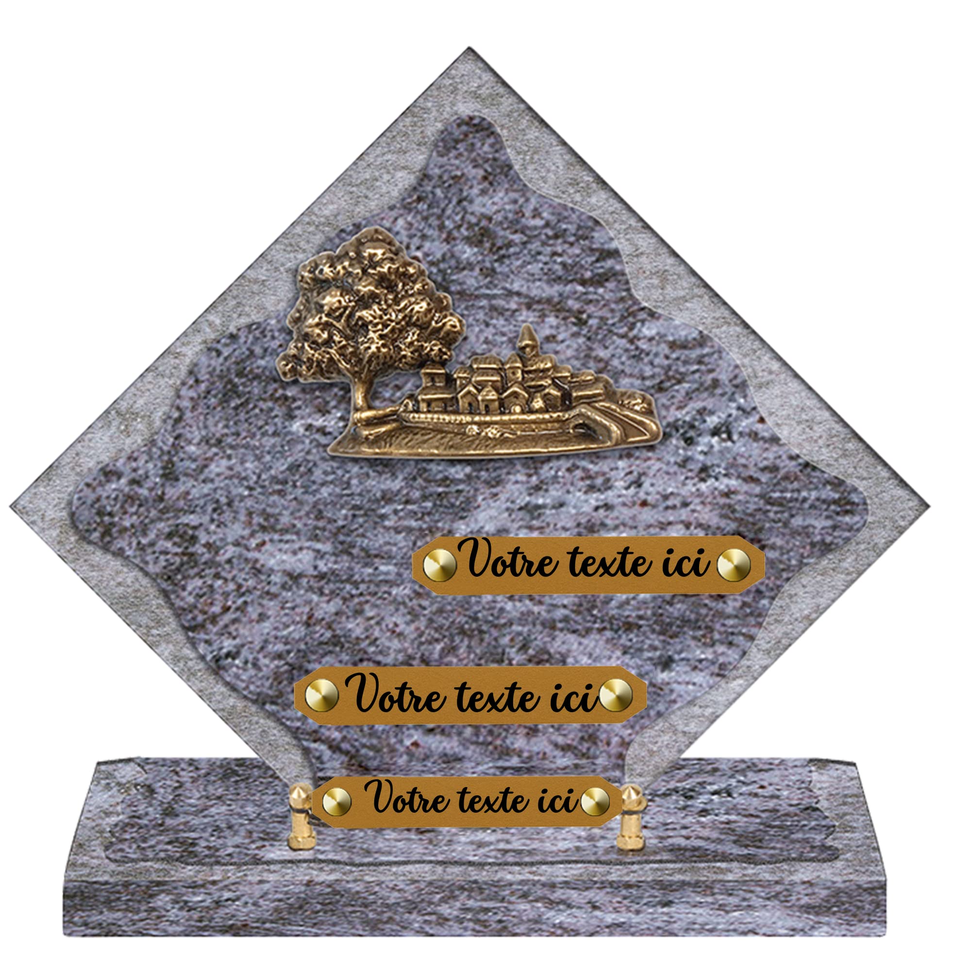 Plaque funéraire personnalisée losange - Granit - assemblée en France - bronze village - H 28 X L 28 cm - 3 textes