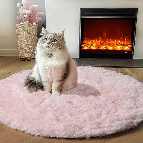 ONASAR - Alfombra redonda rosa claro de 2 pies, esponjosa, lavable, tapete de gato o perro, suave, afelpada, peluda, tapete circular para dormitorio