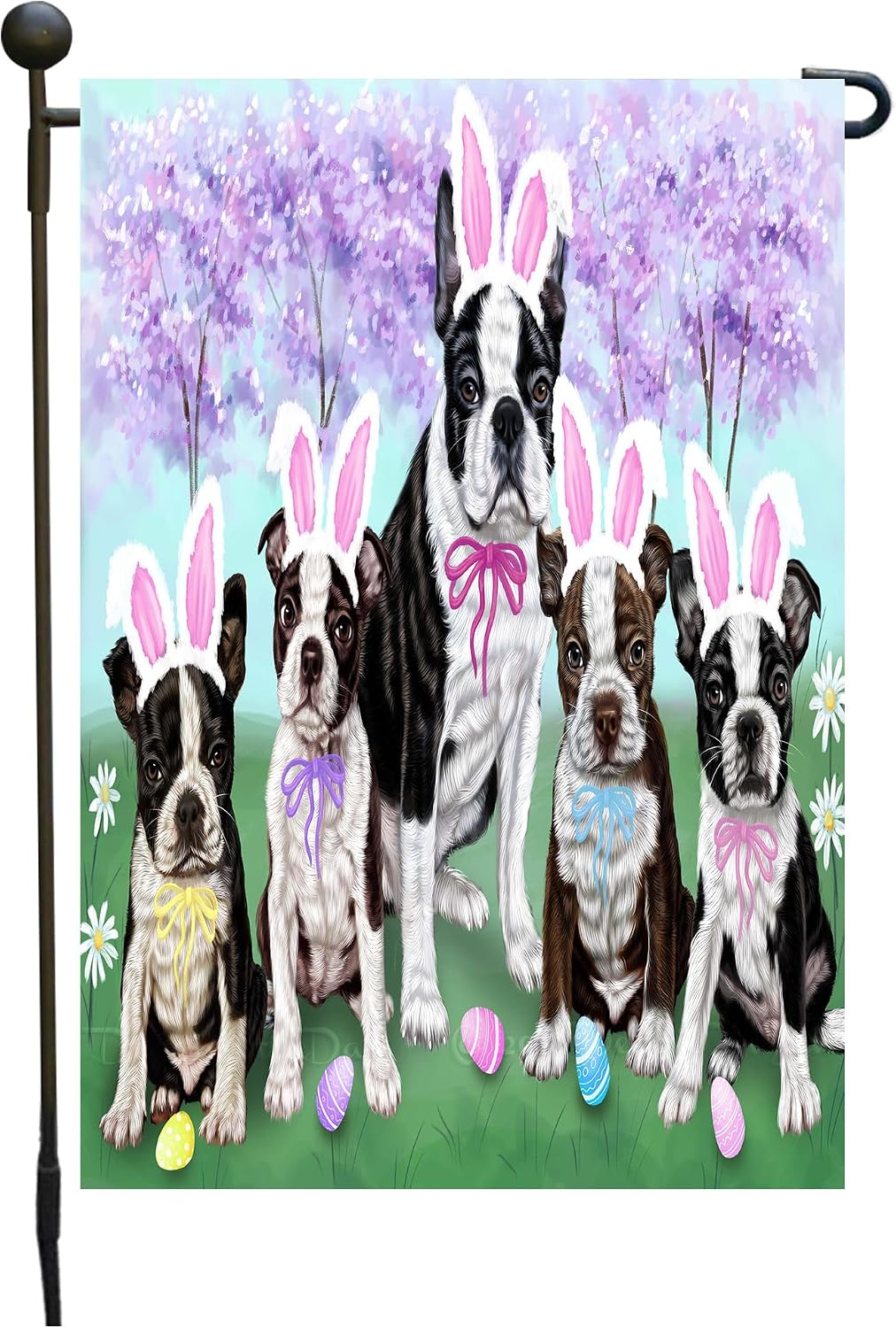 Boston Terrier Easter Day Colorful Garden Flags for Outdoor Decorations - Double Sided Yard Lawn Banner - Spring Festival Gifts for Pet Lover 12 1/2"w x 18"h