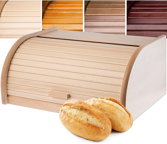 KADAX Bread Bin made of wood, spacious Bread Bin with roll lid, Bread Box with front flap, rolling Bread Bin, bread storage, wooden Bread Box (natural)