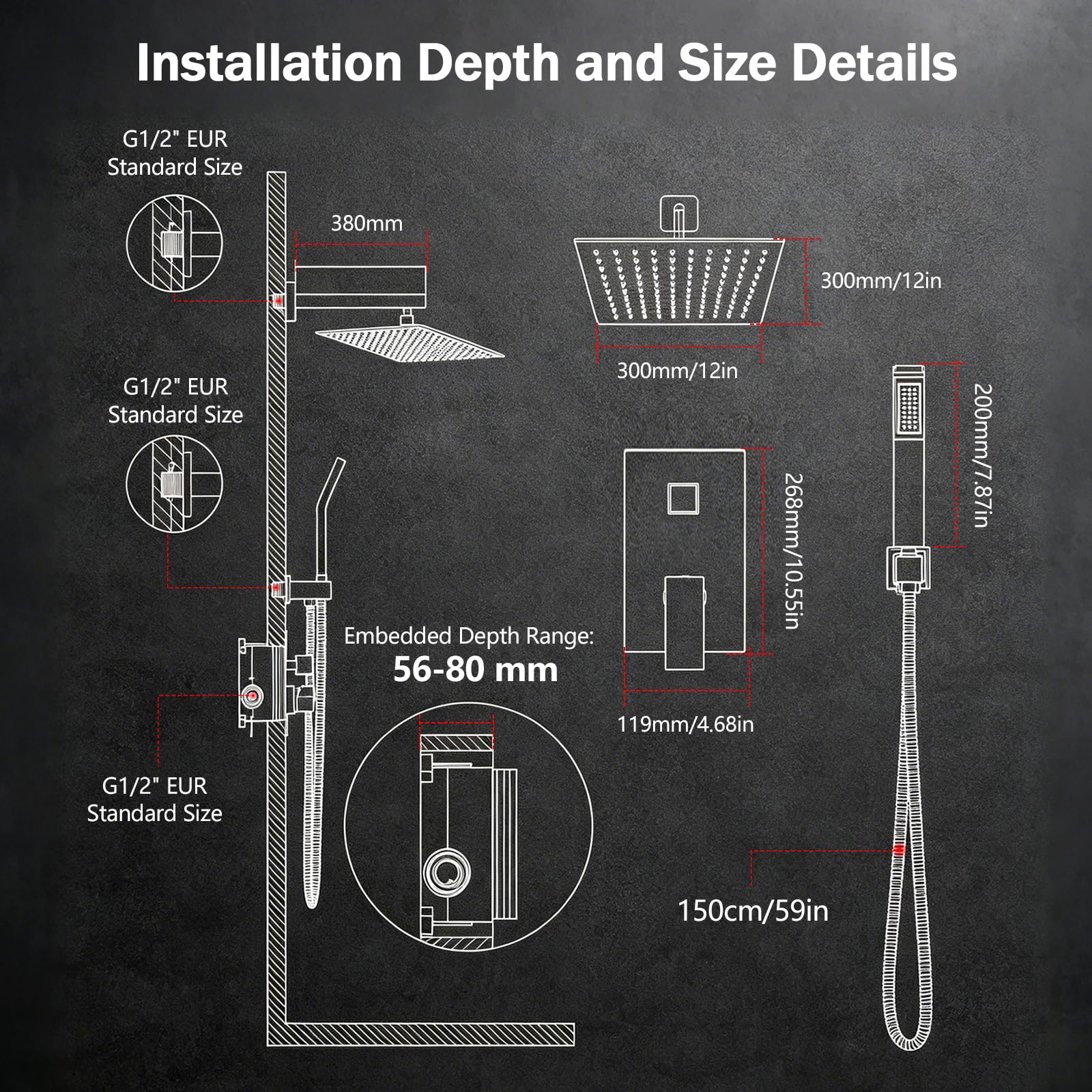 Unterputz Regendusche System 30 x 30 cm, Wartung ohne Wandöffnung