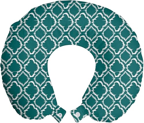 Ambesonne Almohada de viaje verde azulada, patrón tradicional de estilo Ikat con curvas abstractas, formas ovaladas, inspiración marroquí, accesorio