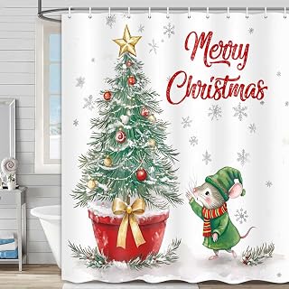 Christmas Shower Curtains Merry Xmas Green Christmas Tree Winter White Snow Gold Stars Red Scarf Bathroom Shower Curtain Xmas Holiday Bathroom Curtain 71X71 Inch with Hooks