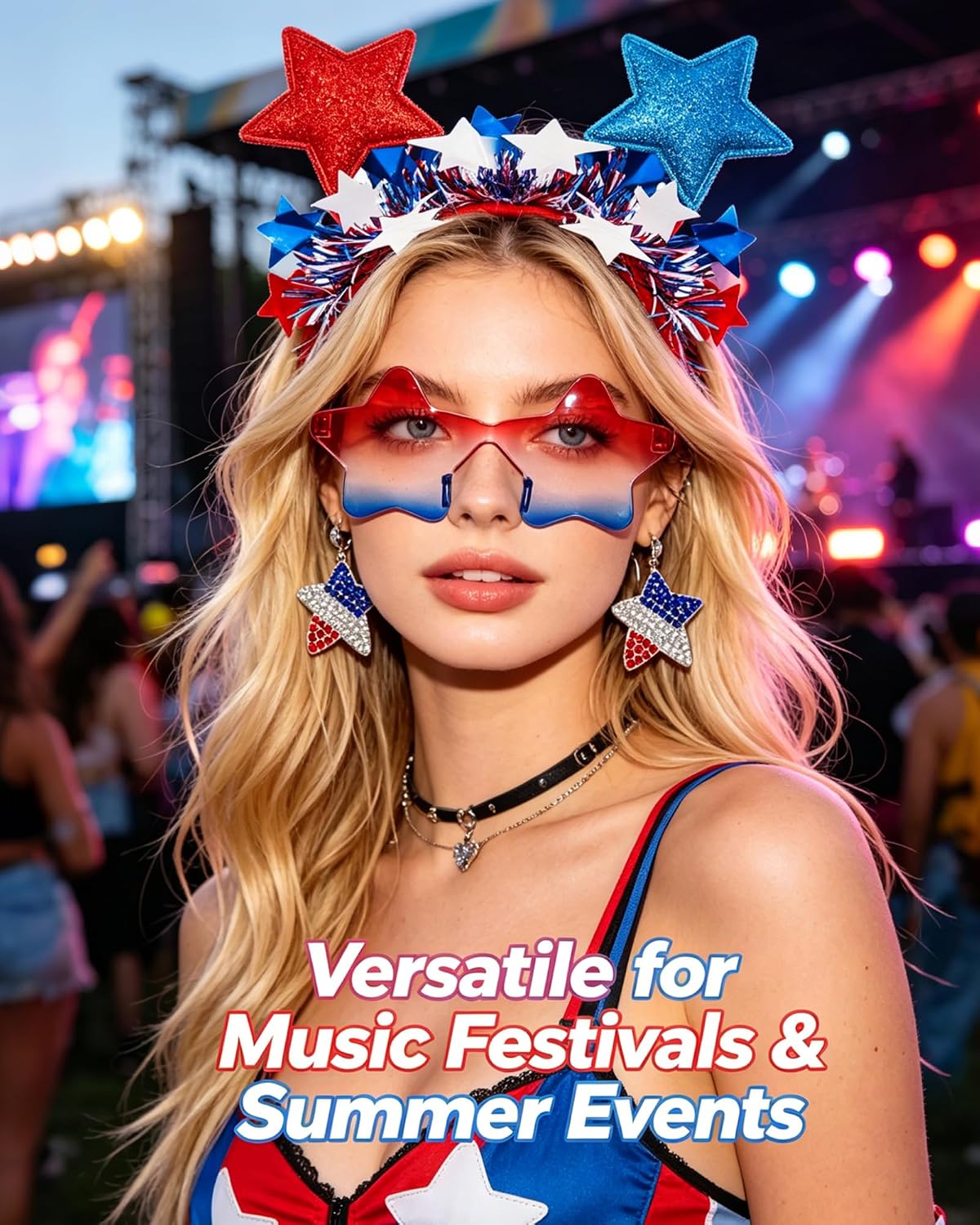 Hikkcos 4th of July Accessories Set for Women, 3 Pcs Patriotic Red White Blue Star Sunglasses Headband and Earrings for Independence Day Party