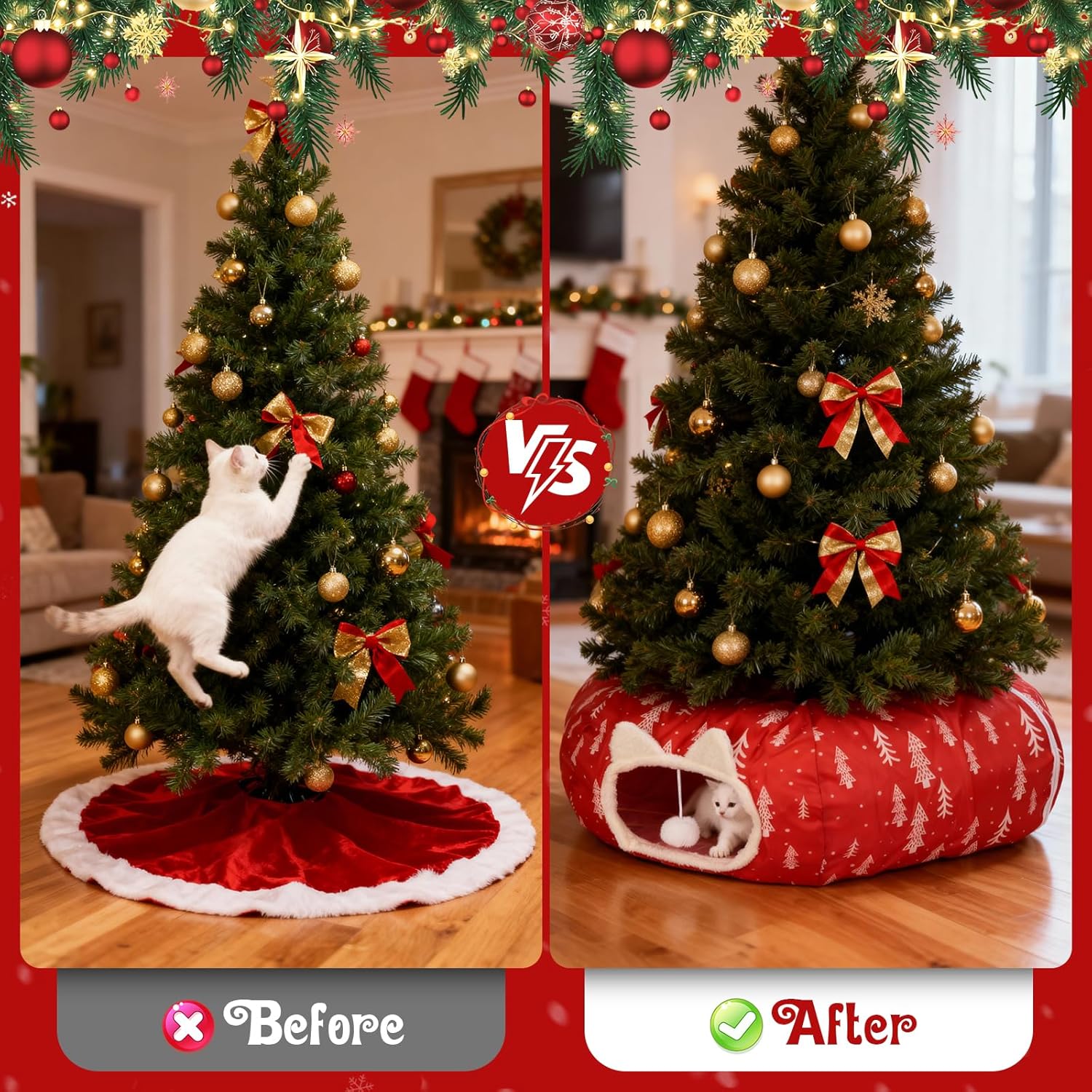 Red-Tree & Red-Snowflake Pattern Cat Tunnel Bed